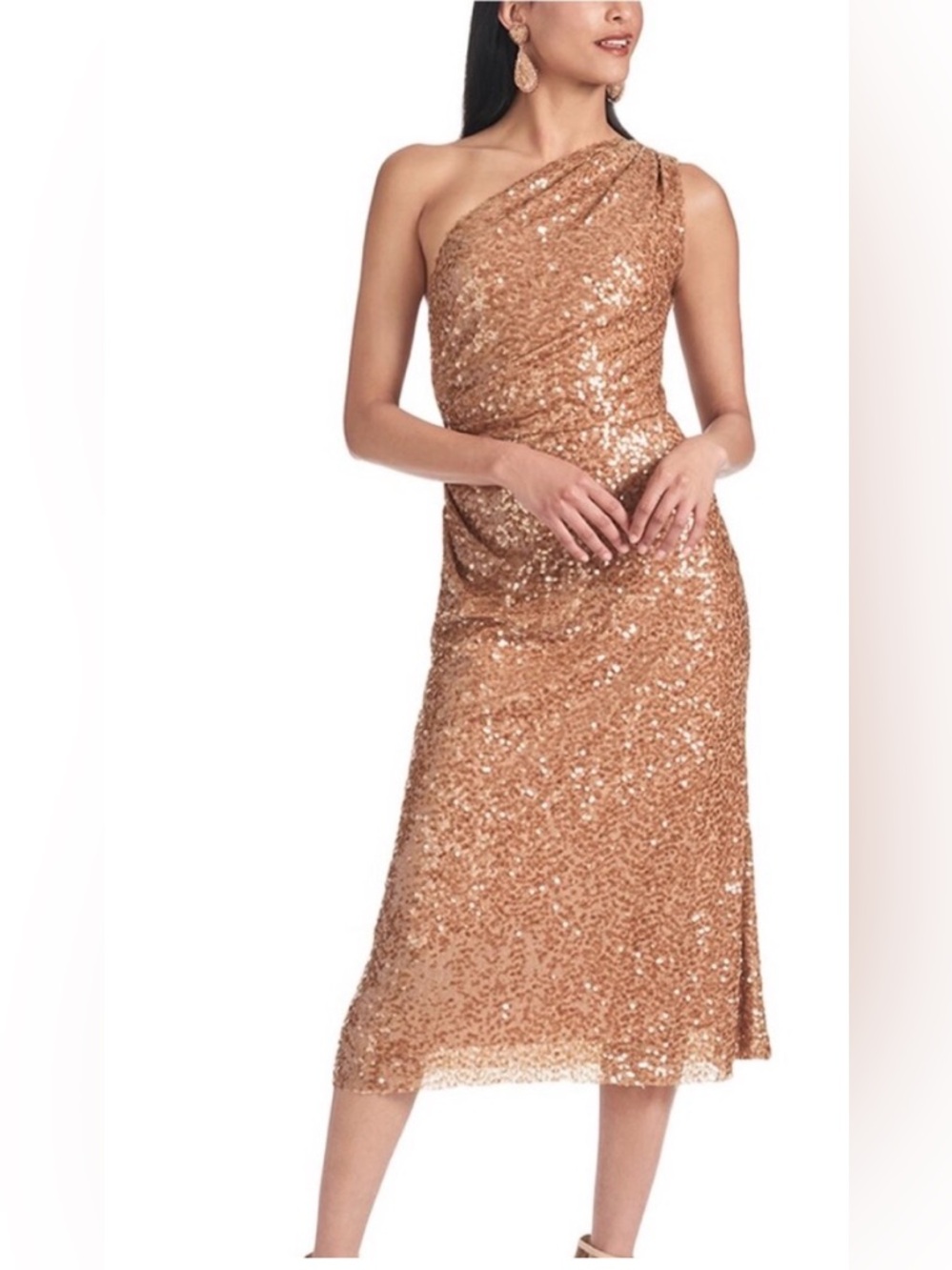 Sachin and Babi Carmen One-Shoulder Sequin Midi Dress in Rose Gold Sz 4